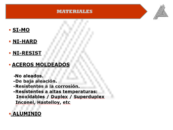 Materials: SI-MO, NI-HARD, NI-RESIST, CAST STEELS, ALUMINIUM